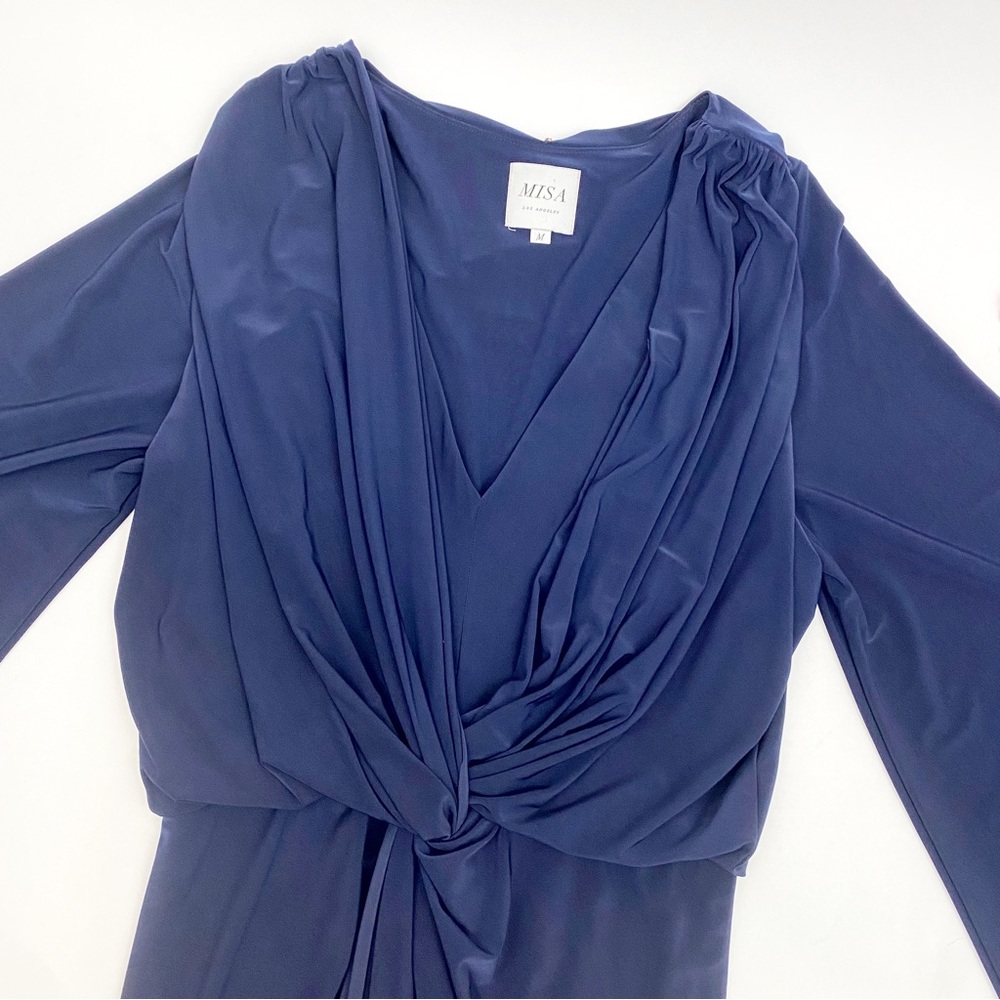 Misa Los Angeles Teget Draped Twist Front Bell
Sleeve Mini Dress: Navy Blue - Picture 8 of 12